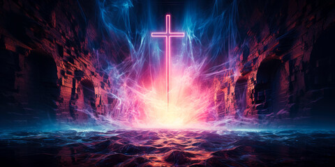Modern Christian neon cross with outpouring of the Holy Spirit. Christian illustration.