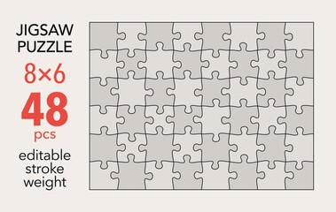 Empty jigsaw puzzle grid template, 8x6 shapes, 48 pieces. Separate matching puzzle elements. Flat vector illustration layout, every piece is a single shape.
