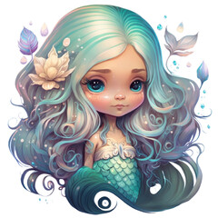 Cute little mermaid with a green hair and flowers baby illustration, underwater landscape, ocean theme design created with Generative AI.