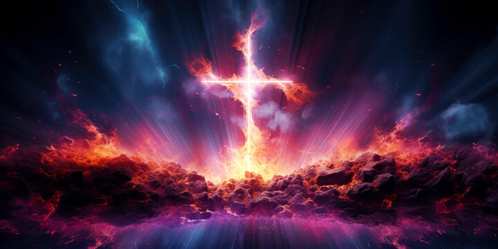 Modern Christian neon cross with outpouring of the Holy Spirit. Christian illustration.