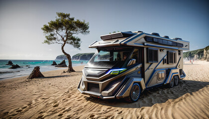 Vision of modern and futuristic camper, the future of caravaning. Generative AI.