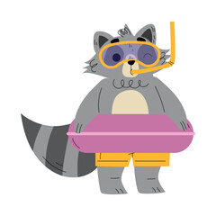 Cute Raccoon Tourist in Goggles and Snorkeling Tube Standing with Rubber Ring Having Summer Resort Vacation Vector Illustration