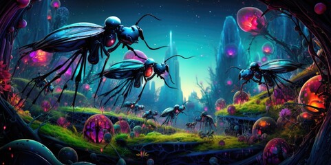 Fototapeta na wymiar Dream-Like Ants in a Psychedelic Landscape, generative ai