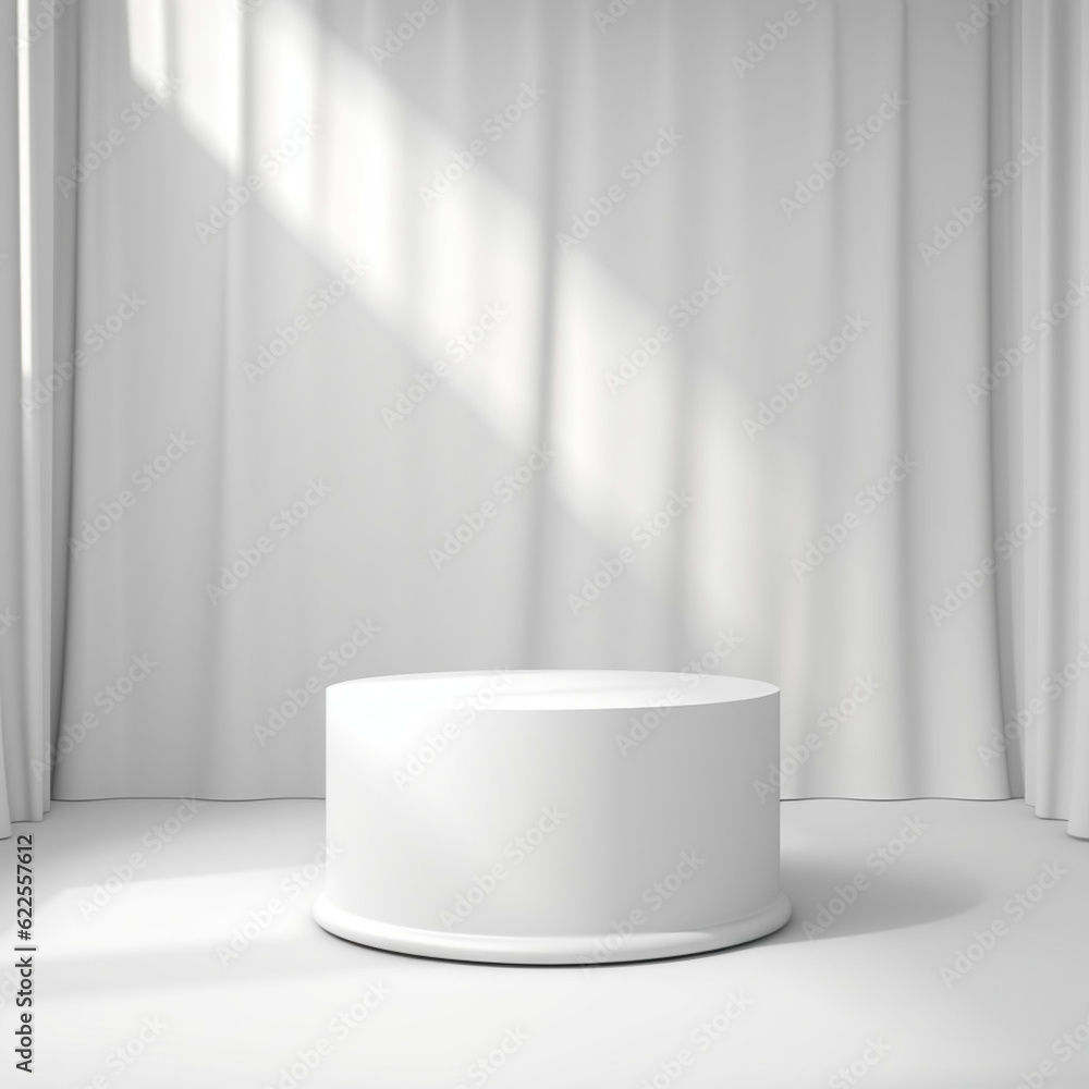 Poster empty white podium on white background. mock up product display stand with generative ai.