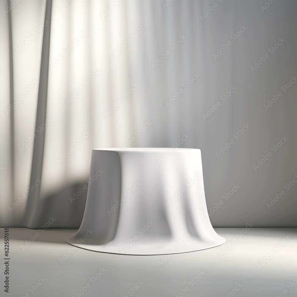 Poster empty white podium on white background. mock up product display stand with generative ai.