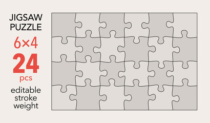 Empty jigsaw puzzle grid template, 6x4 shapes, 24 pieces. Separate matching puzzle elements. Flat vector illustration layout, every piece is a single shape.