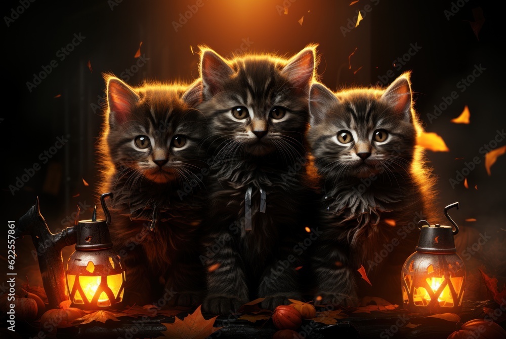 Poster three kittens sitting next to each other on a table. generative ai image.