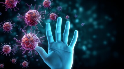 The concept of the immune system is powerfully illustrated with a hand stopping microbes against a dark background, symbolizing the body's defense mechanism in action. Generative AI