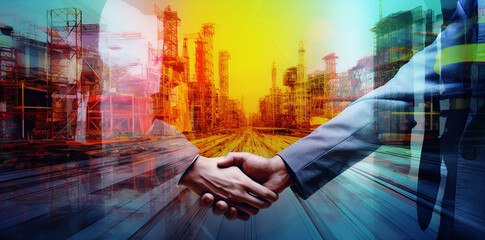 two businessmen hand shaking to seal agreements with collage buildings background, wallpaper banner size