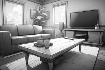 The living room has a couch, coffee table, television, screen, and rug. (Generative AI)