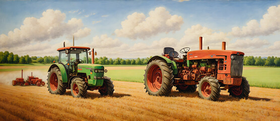 A tractor in a field during the hot summer. - obrazy, fototapety, plakaty