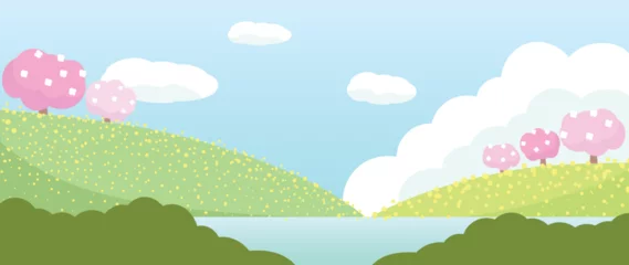 Fototapete Rund Spring nature and country landscape background. Seasonal illustration vector of trees, flowers, mountain, river, cloud, sky, grass, field. Design for banner, poster, wallpaper, decoration, card. © TWINS DESIGN STUDIO