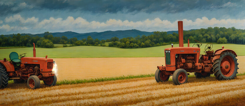 A tractor in a field during the hot summer.