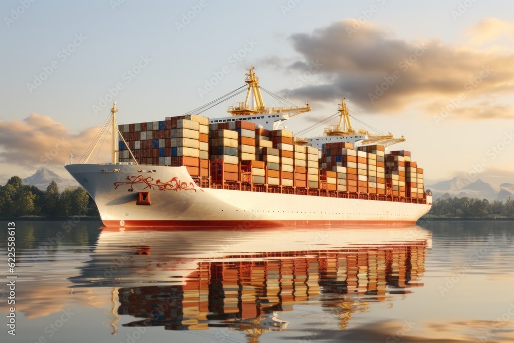Poster a large container ship sailing on a body of water. generative ai image.
