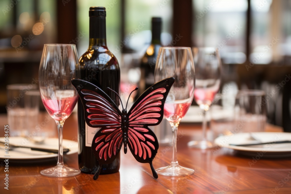 Poster a bottle of wine with a butterfly on it. generative ai image.