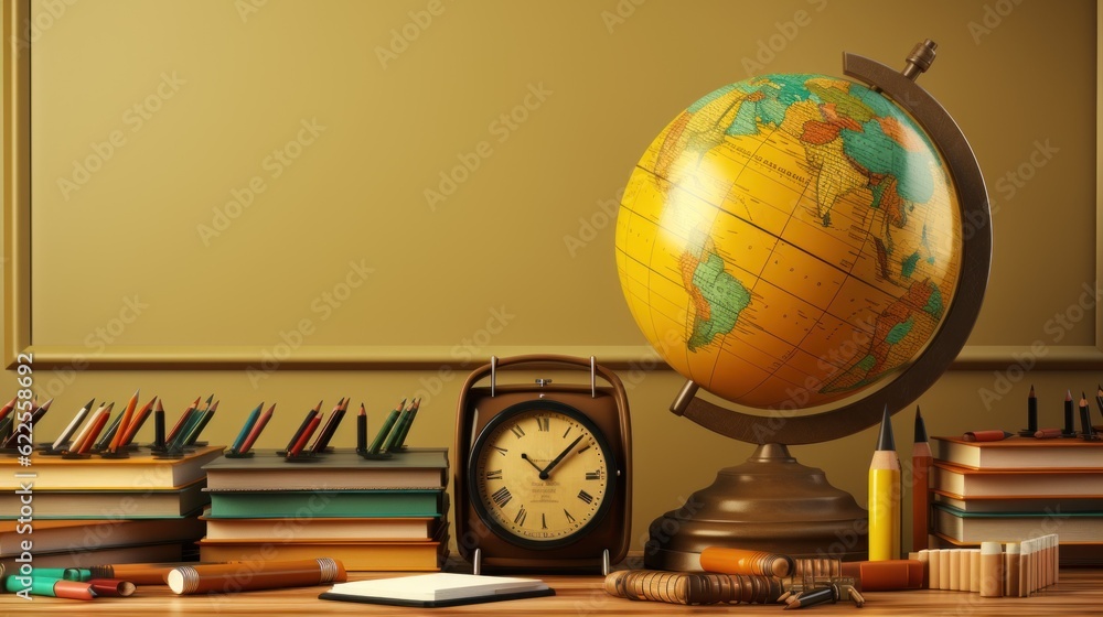Poster a desk with a clock and a globe on it. generative ai image.