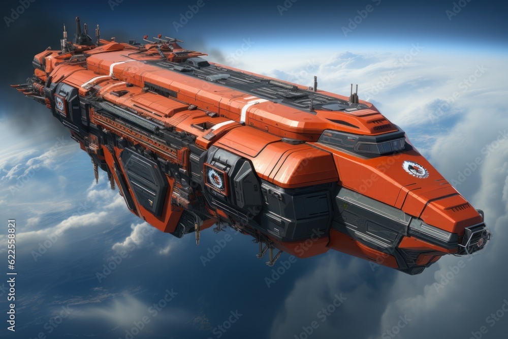 Poster a large orange space ship floating in the sky. generative ai image.