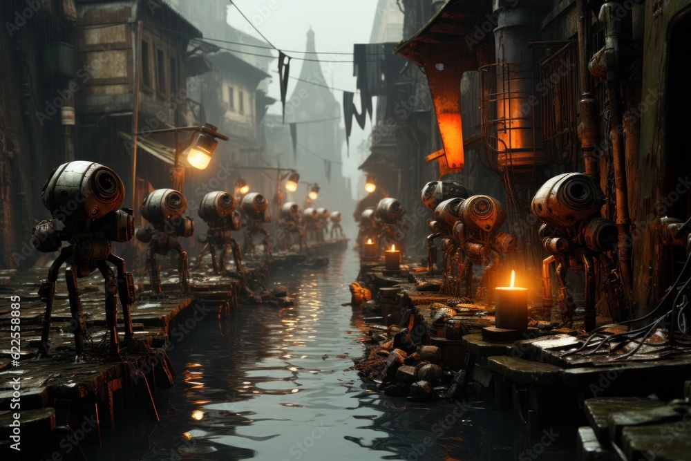 Poster a group of robots walking down a street next to a body of water. generative ai image.