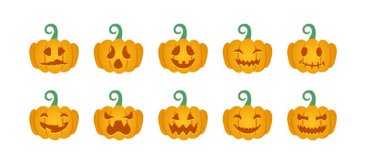 Halloween cute pumpkins emotions set. Cartoon style pumpkins with scary funny faces collection on white background for autumn holiday. Vector flat illustration