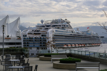 View onto modern white Princess cruiseship cruise ship liner Sapphire in port of Vancouver, Canada...
