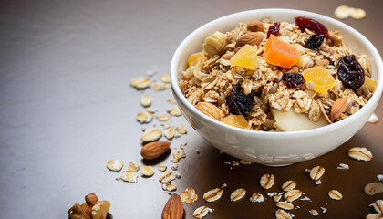 Bowl of delicious breakfast muesli with oat and wheat flakes mixed with dried fruit and nuts served...