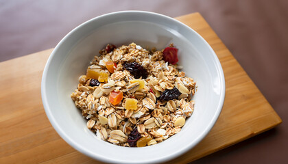 Bowl of delicious breakfast muesli with oat and wheat flakes mixed with dried fruit and nuts served in a white ceramic bowl for a healthy nutritious meal