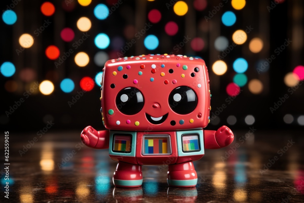 Poster a red robot toy with colorful lights in the background. generative ai image.
