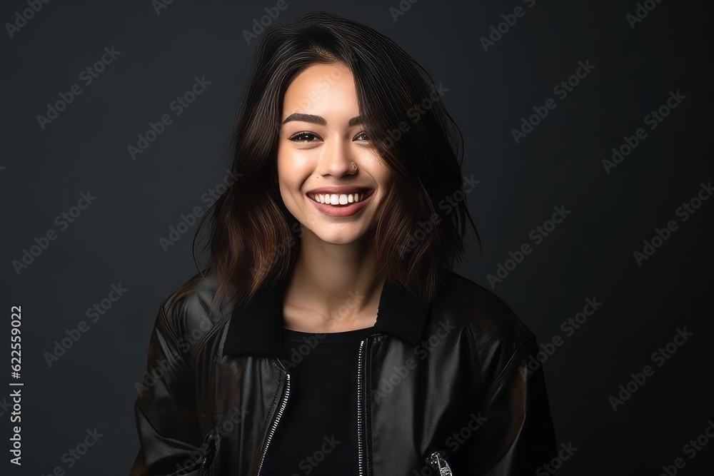 Wall mural Portrait of beautiful young woman in leather jacket on black background. - Wall murals