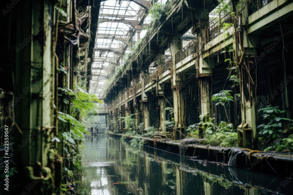 Aufkleber an abandoned building with a canal in the middle of it. generative ai image.