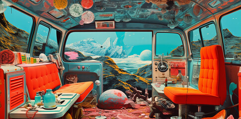 van life  interior, hippie travel lifestyle in a surreal beautiful background landscape