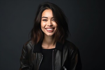 Fototapeta Portrait of beautiful young woman in leather jacket on black background. obraz