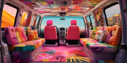 van life  interior, hippie travel lifestyle in a surreal beautiful background landscape