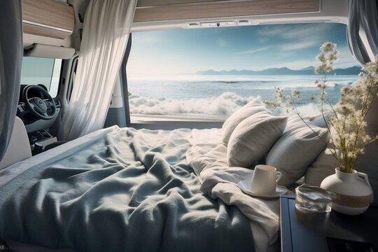 van life  interior bed , hippie travel lifestyle in a surreal beautiful background landscape