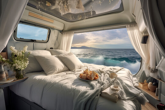 van life  interior bed , hippie travel lifestyle in a surreal beautiful background landscape