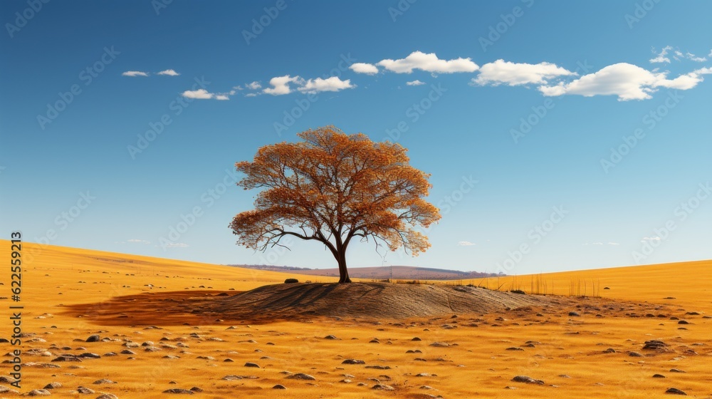 Poster a lone tree in the middle of a desert. generative ai image.