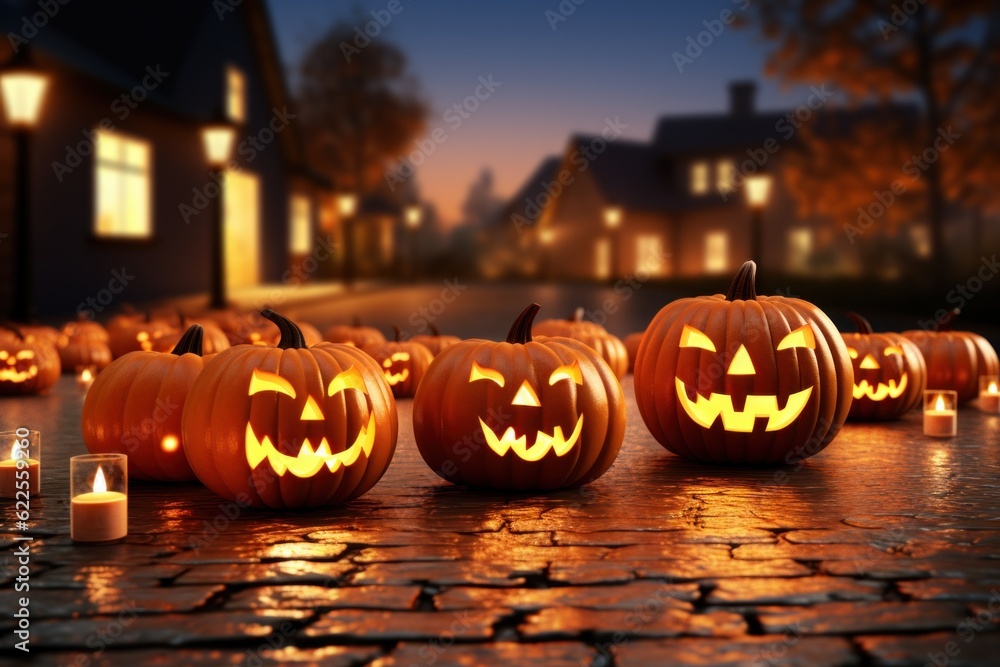 Poster a row of carved pumpkins with lit candles in front of them. generative ai image.