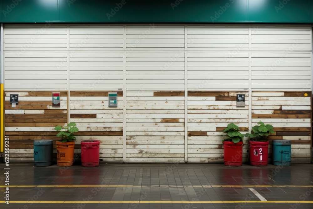 Poster a row of planters sitting in front of a garage door. generative ai image.