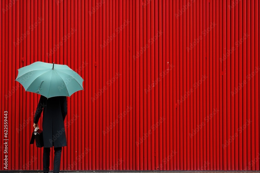 Aufkleber a person with an umbrella standing in front of a red wall. generative ai image.