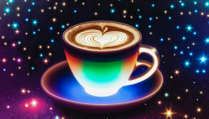 Fototapeta premium A cosmic coffee experience, a mug surrounded by stars in a celestial sky. Generative AI.