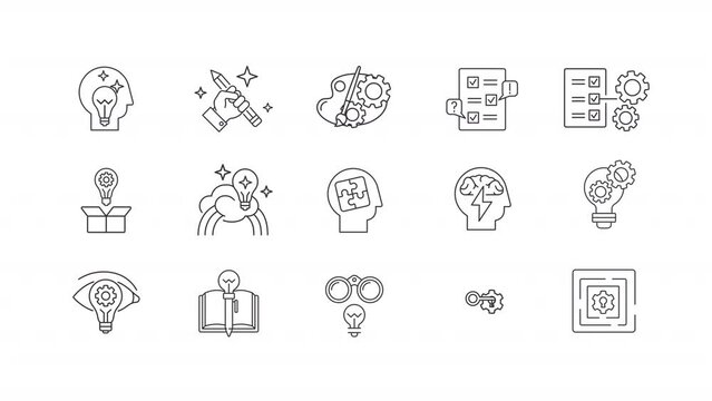 Creative thinking animation set. Idea generation animated line icons. Outside the box. Innovative solution. Black illustrations on white background. HD video with alpha channel. Motion graphic