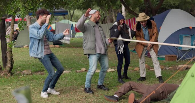Camping, limbo and people playing a game with bar and being competitive on an outdoor holiday, adventure or vacation. Happy, event and group of friends at a party in a forest doing dancing challenge