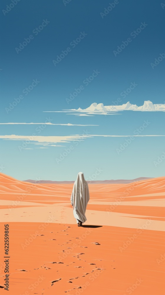 Poster a person in a white robe walking across a desert. generative ai image.
