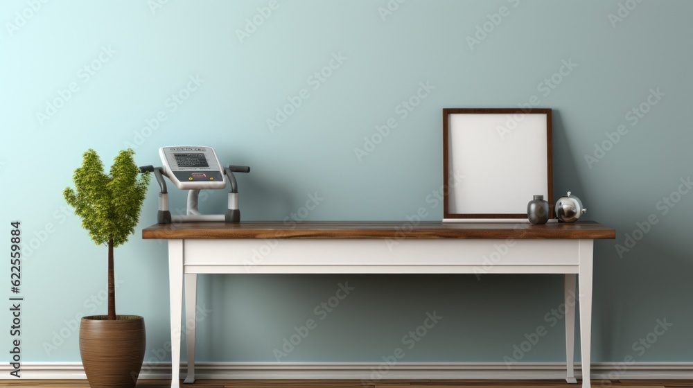 Poster a wooden table with a plant and a picture frame on it. generative ai image.
