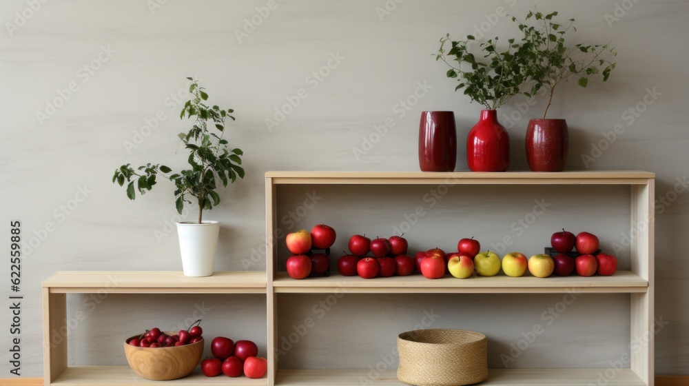 Poster a shelf filled with lots of different types of apples. generative ai image.