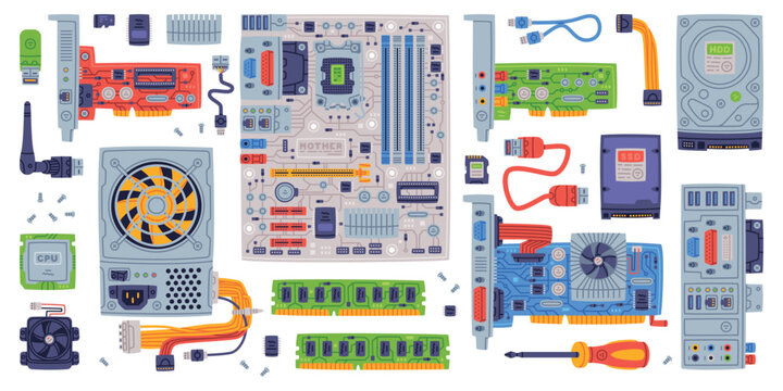 Personal Computer Accessories and Components for Repair Vector Set