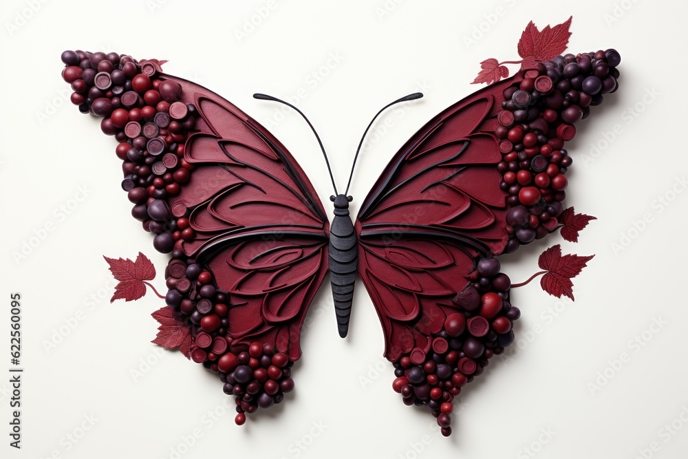 Poster a butterfly made out of grapes and grapes. generative ai image.