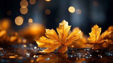 autumn yellow leaves on wooden table. Created with AI.