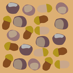 Autumn background - vector chestnuts and acorns. Acorn and chestnut. Made in cartoon flat style. Vector illustration.