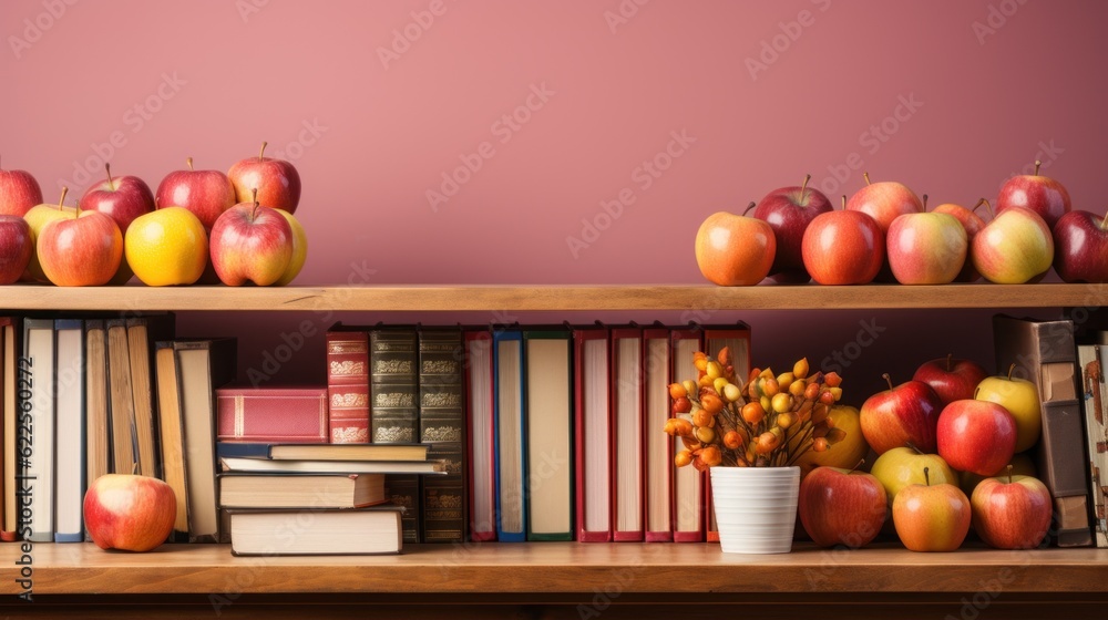 Poster a bunch of apples are on a shelf. generative ai image.