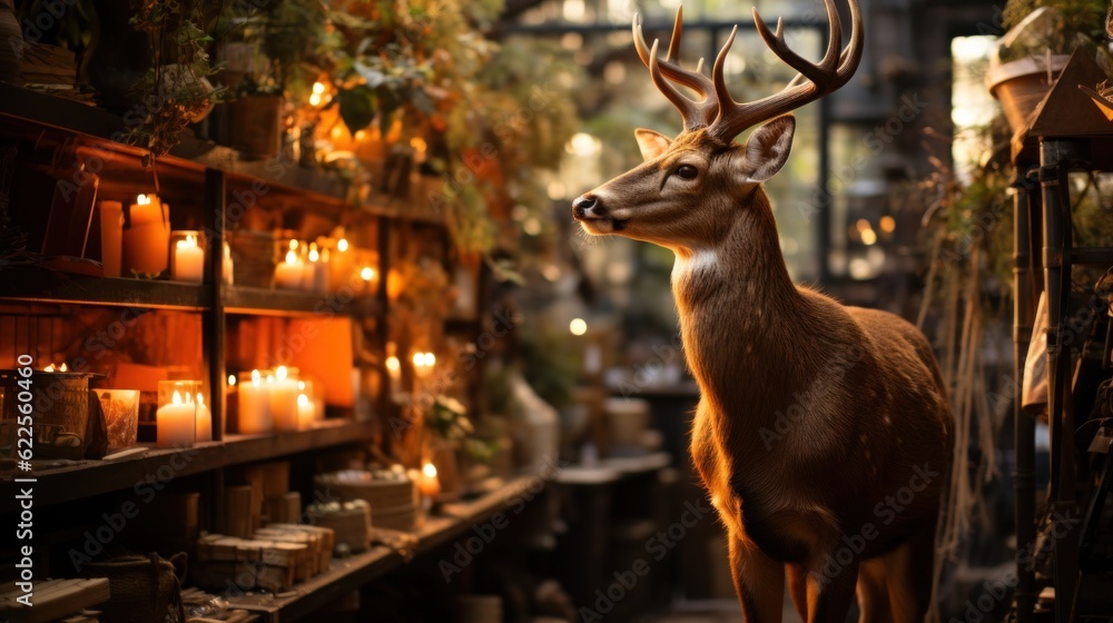 Poster a deer standing next to a shelf filled with candles. generative ai image.